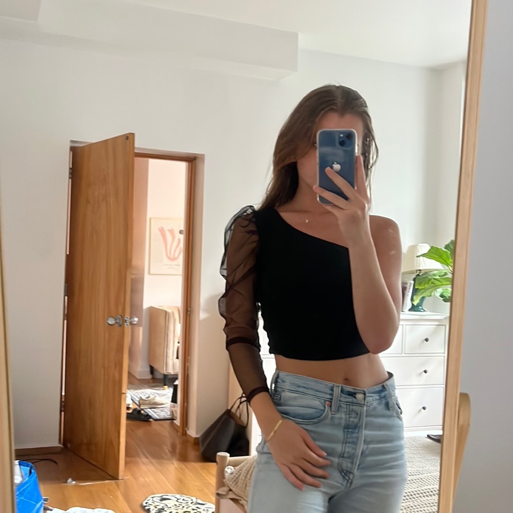 Pull and bear black one shoulder top with sheer black sleeve